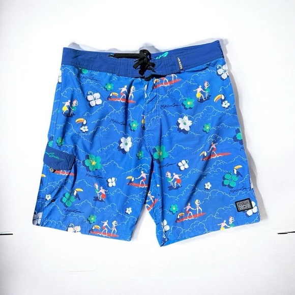 🌻MAUI AND SONS Blue Hawaiian Theme Board Shorts Men's Size 36 - Picture 1 of 9
